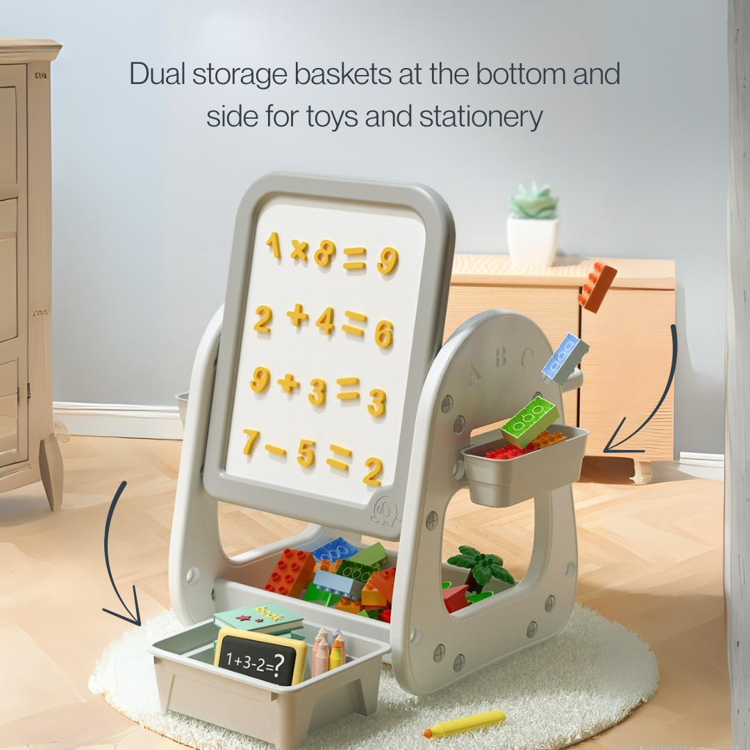 Marcolo children's easel with magnetic board and storage baskets.