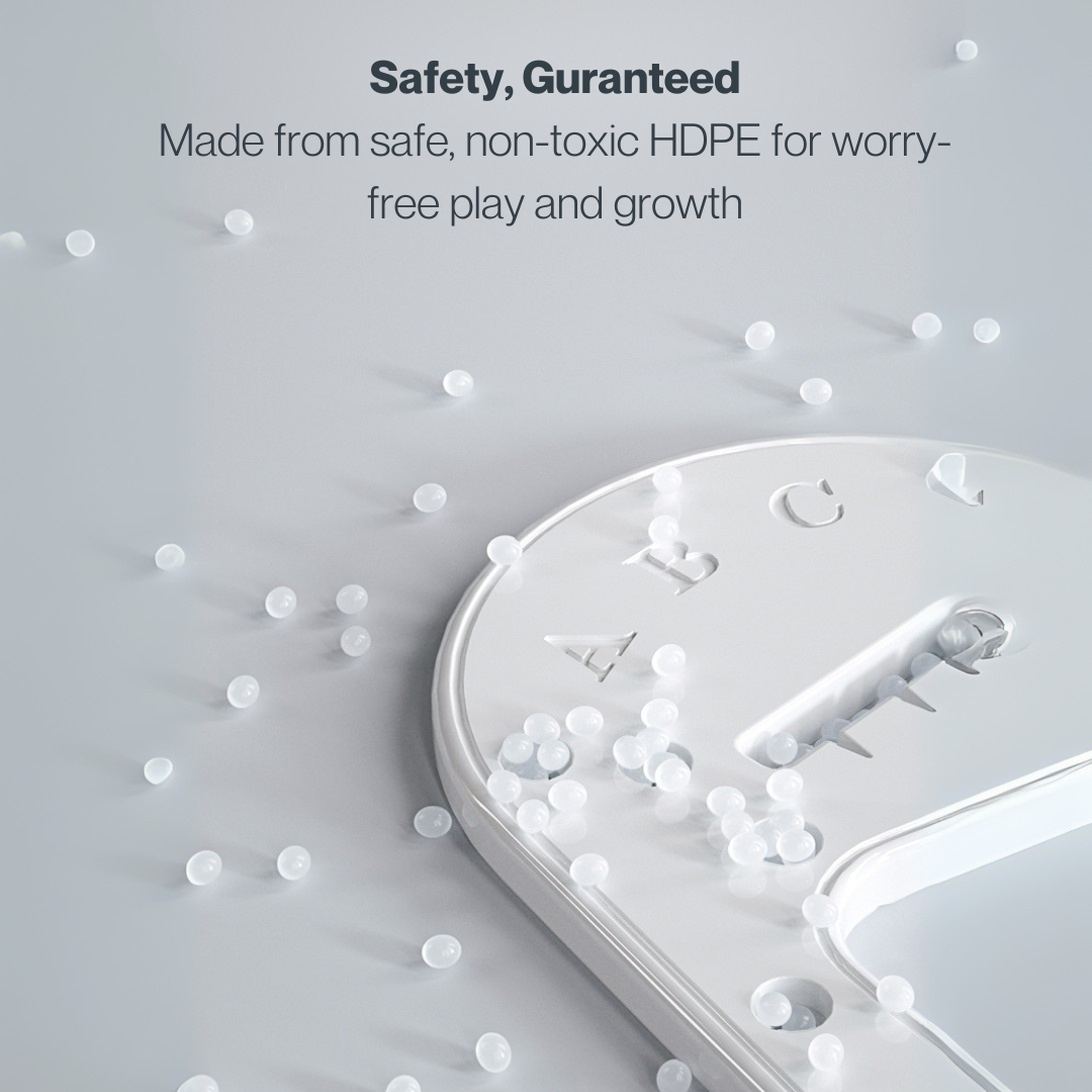 HDPE plastic pellets on a white part for child safety.