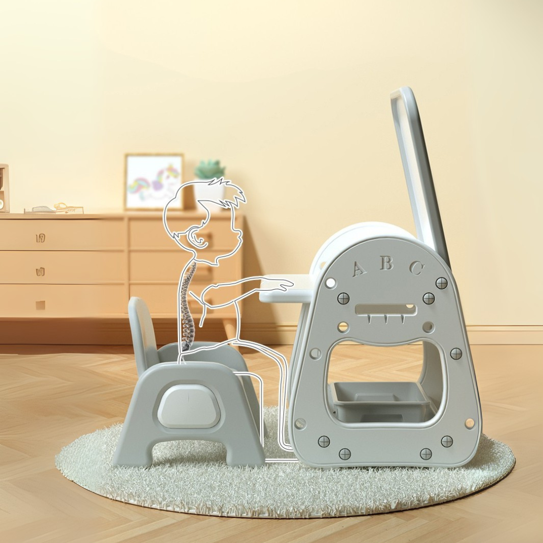 Child sits at Marcolo gray adjustable desk and chair set.