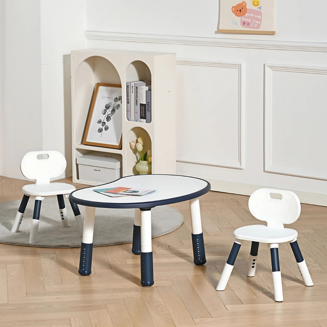 Marcolo kids table and two chairs with blue adjustable legs.
