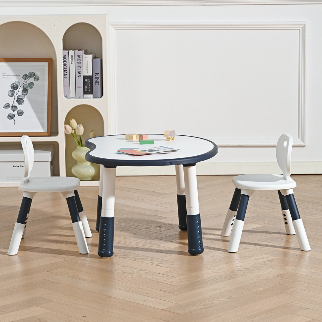 A small, white, Marcolo adjustable children's chair with dimensions.