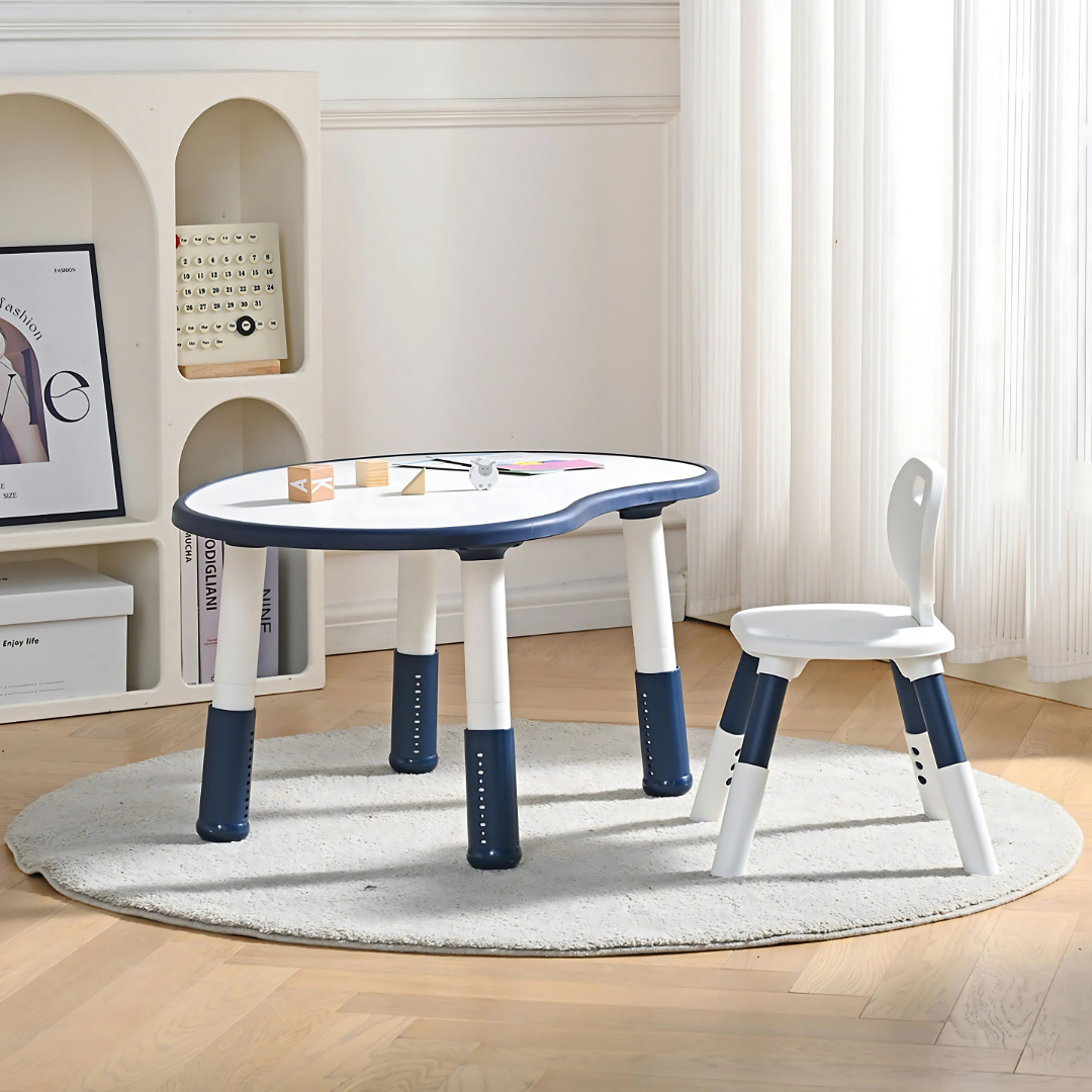 Marcolo navy and white height-adjustable kids table and chair.