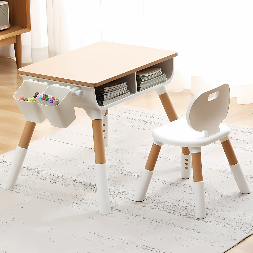 Marcolo height-adjustable kids table with storage, brown and white