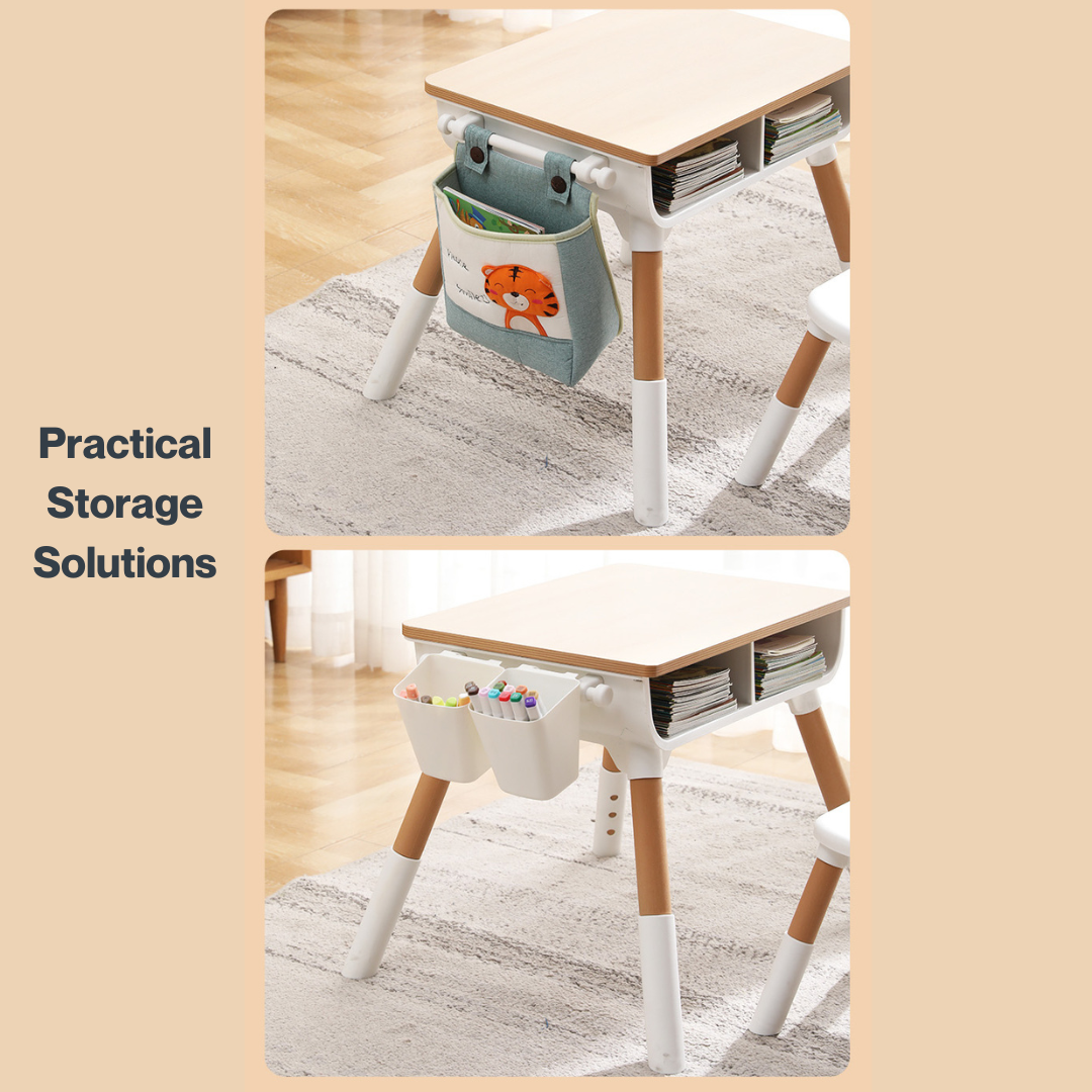 Marcolo kids' desk with a hanging storage bag and hanging pencil cups.