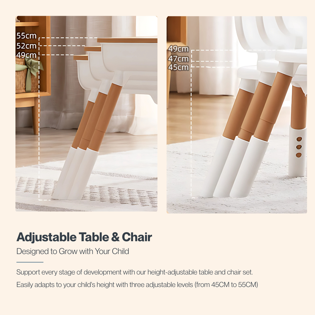 Marcolo adjustable table and chair set with height specs.