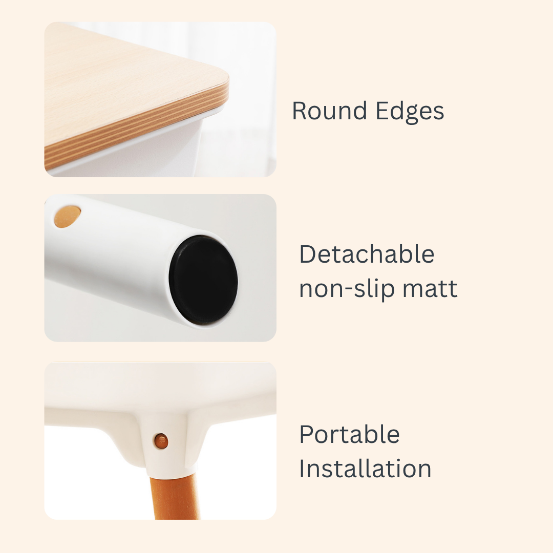 Marcolo kids table features: rounded edges, non-slip mat, portable.