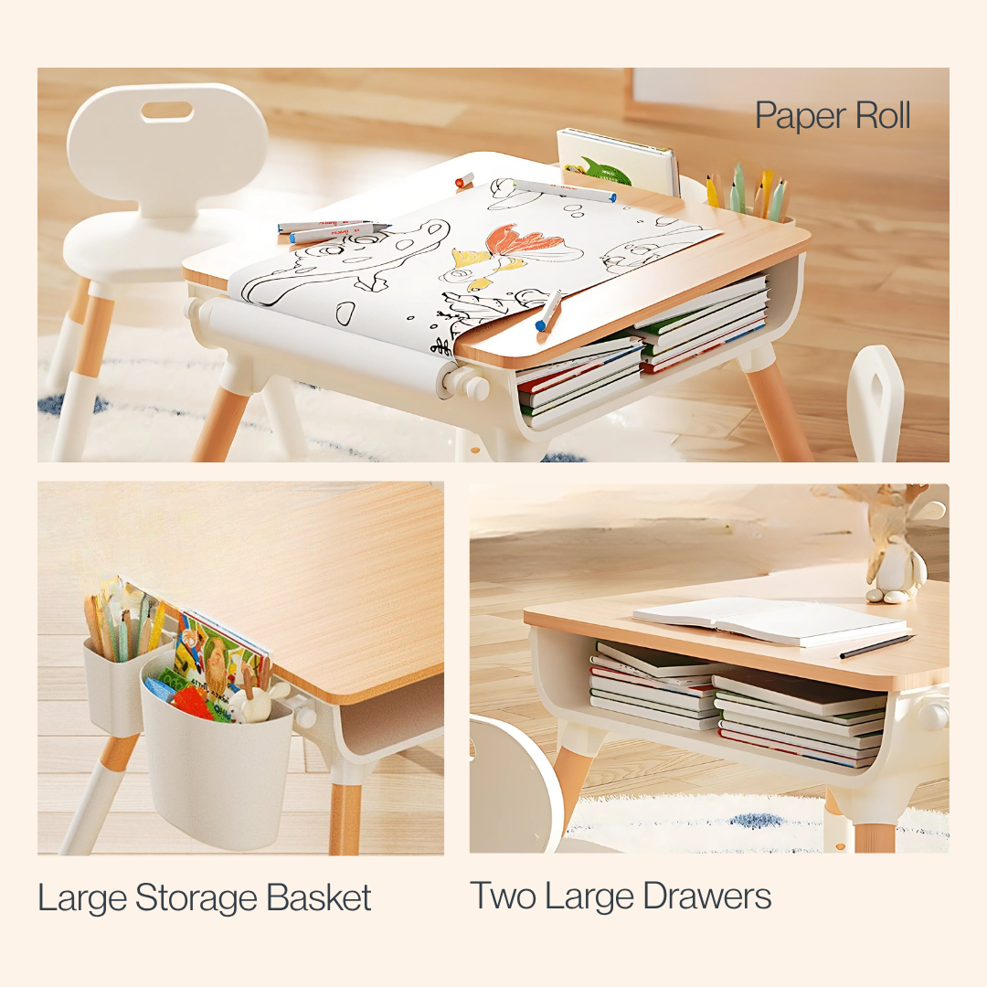 Marcolo kids desk features: paper roll, basket, and drawers.