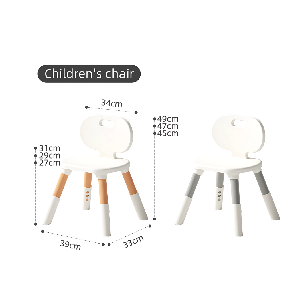 Marcolo children's chairs with dimensions, white and wood legs.