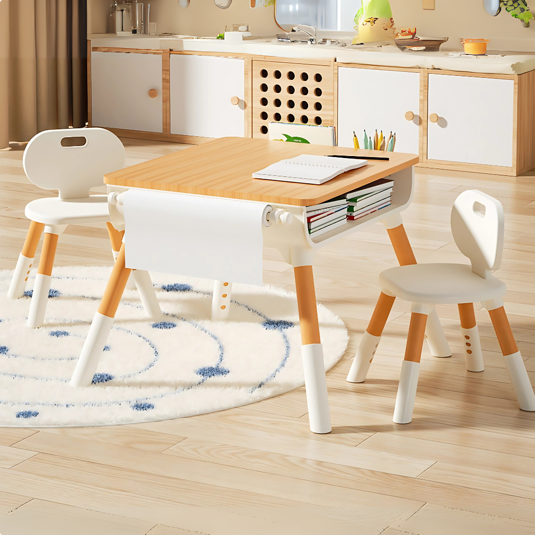 Marcolo kids wooden and white desk and two chairs set.