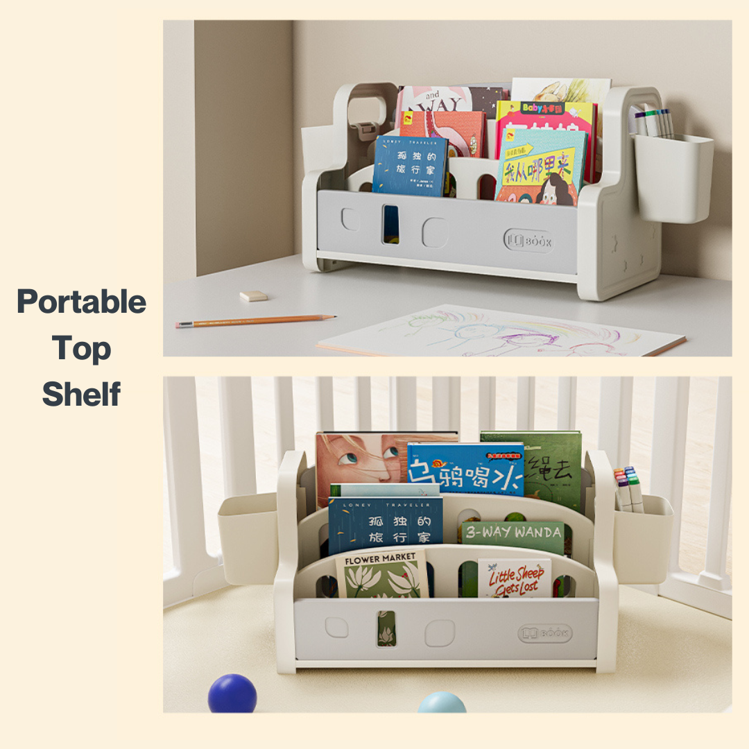Portable children's bookshelf with books and side caddies.
