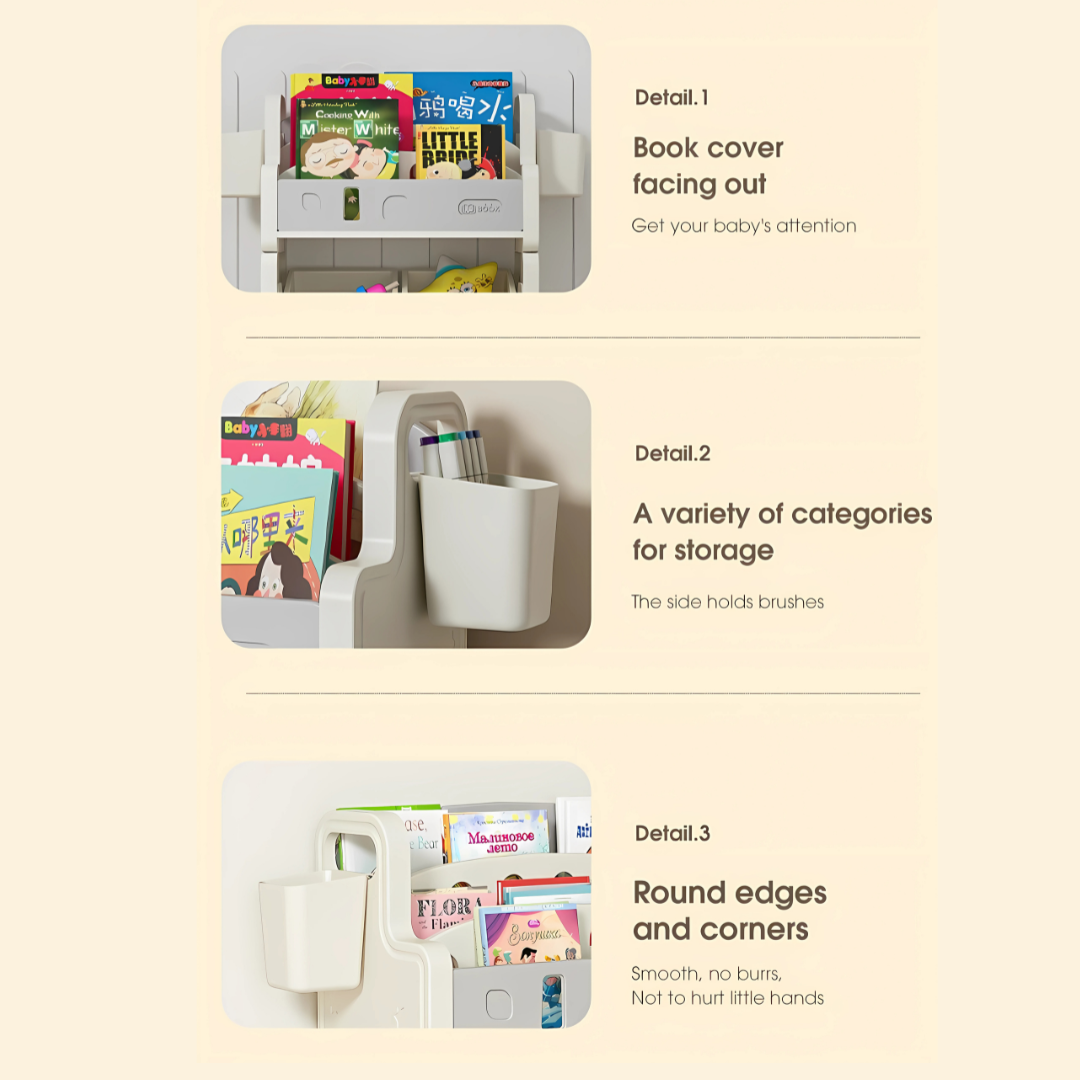 3-Layer Kids Bookshelf with Storage Baskets – Multi-Purpose Organizer for Toys, Books & Stationery, BPA-Free Plastic