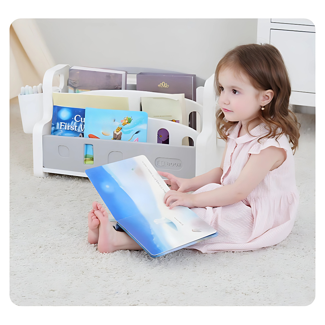 Marcolo kids bookshelf with girl reading a book nearby.