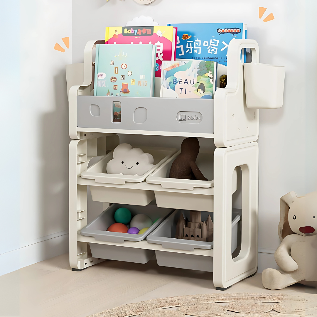 Marcolo kids' storage rack with bookshelf and toy bins.