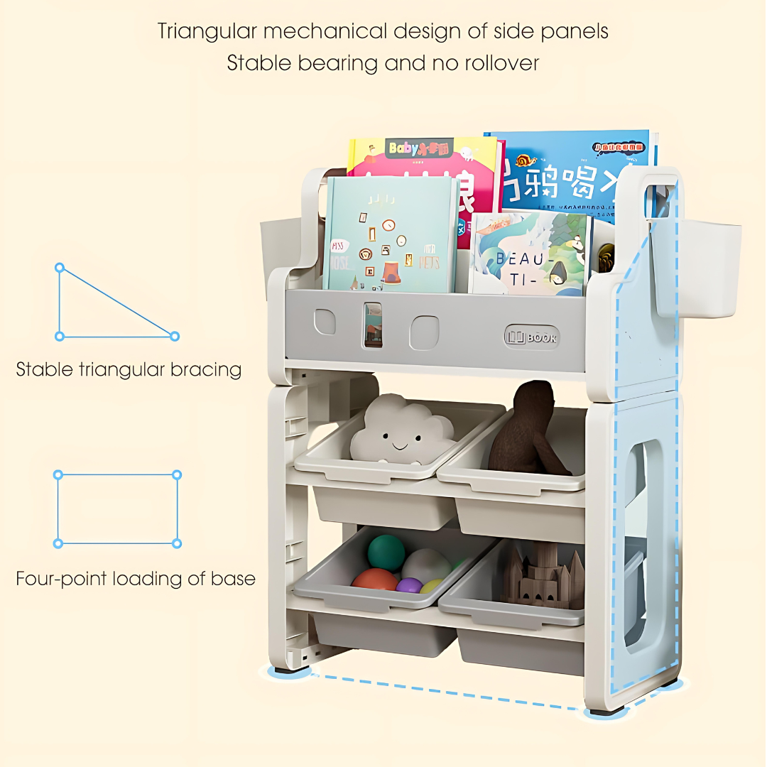 Marcolo kids bookshelf and toy storage with stability diagrams.