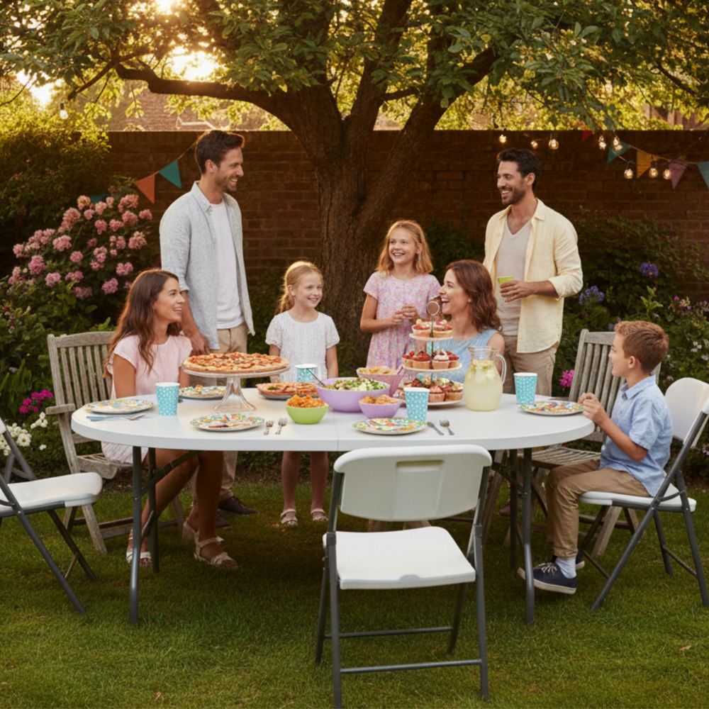 Marcolo 6ft Round White Center-Folding Table for Outdoor Dining