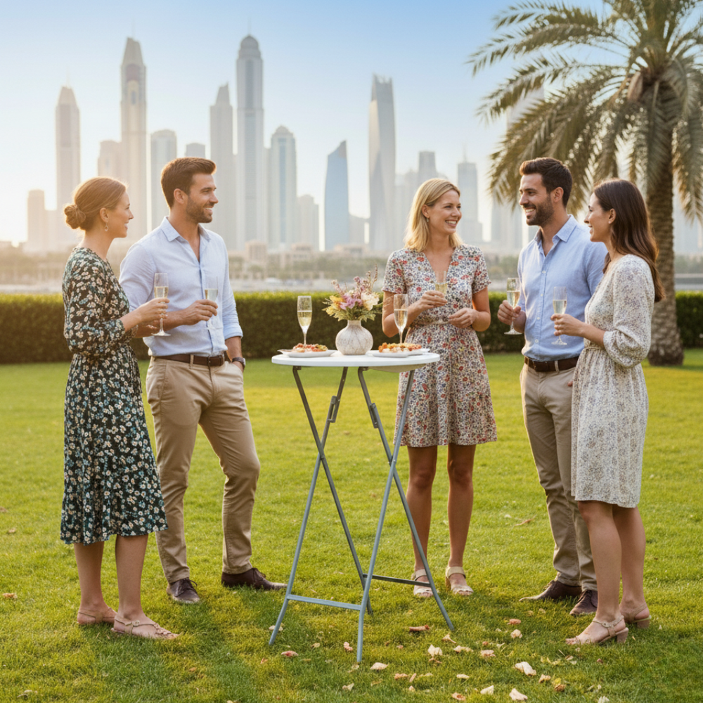 Marcolo 60cm White Round Cocktail Table in Outdoor Garden Setting