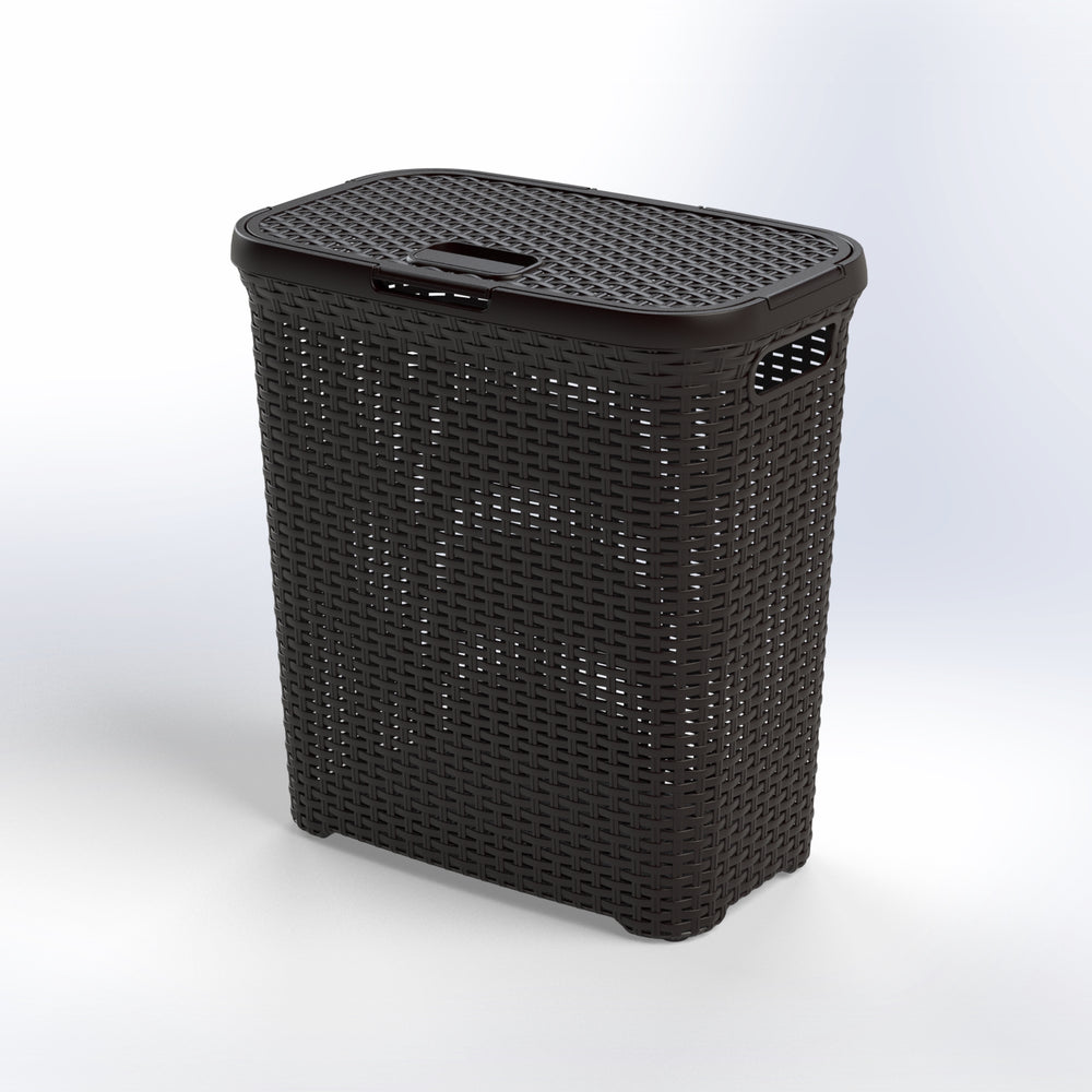 Marcolo brown rattan-style plastic laundry hamper.