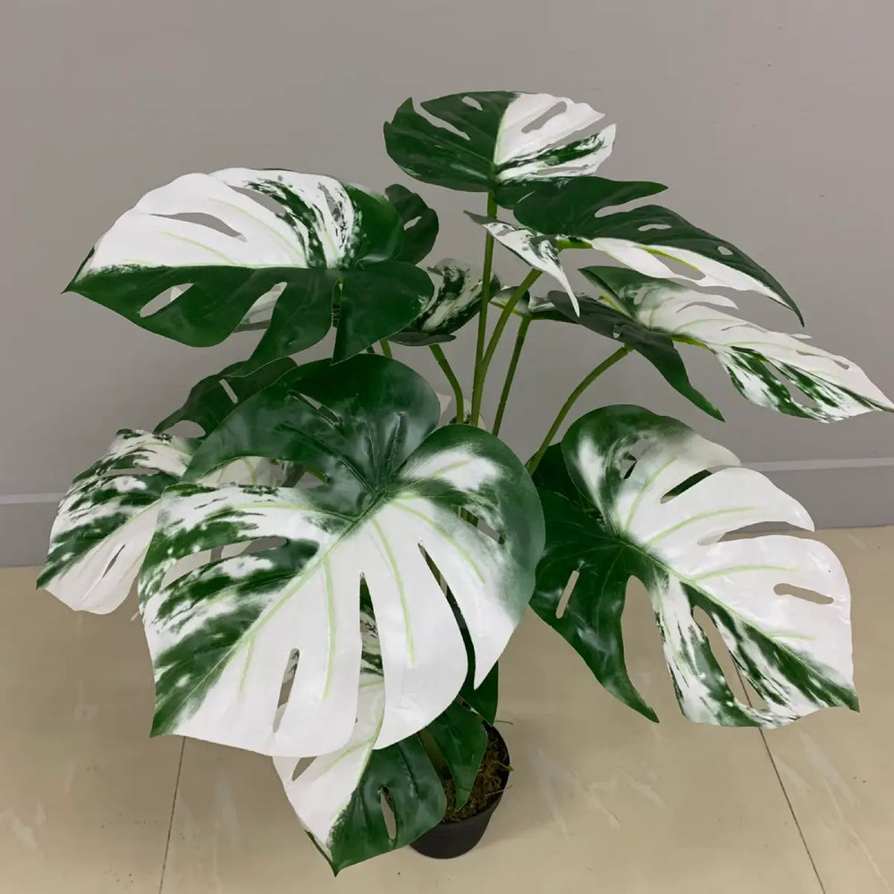 Marcolo 85 cm artificial monstera plant with green and white variegated leaves, close view
