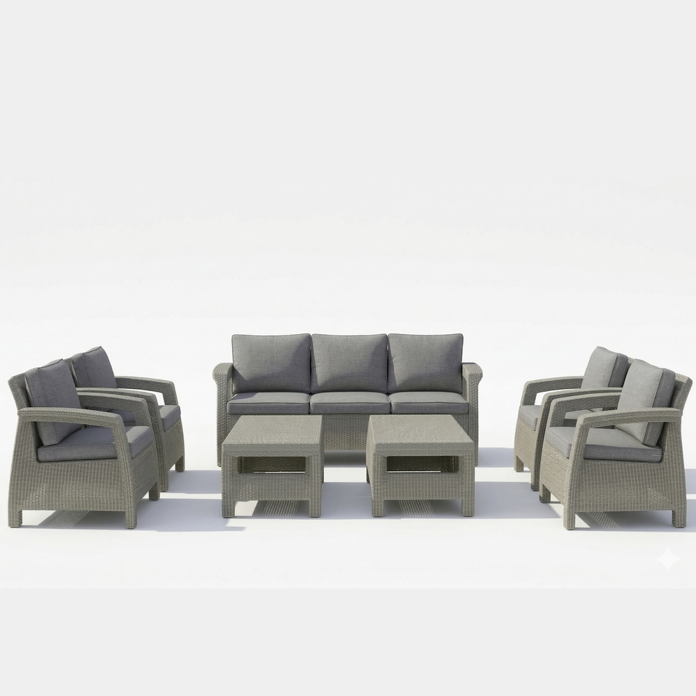 7-Seater Havana Outdoor Sofa Set – Modern Rattan-Style Seating with 2 Coffee Tables & Grey Seat and Back Cushions
