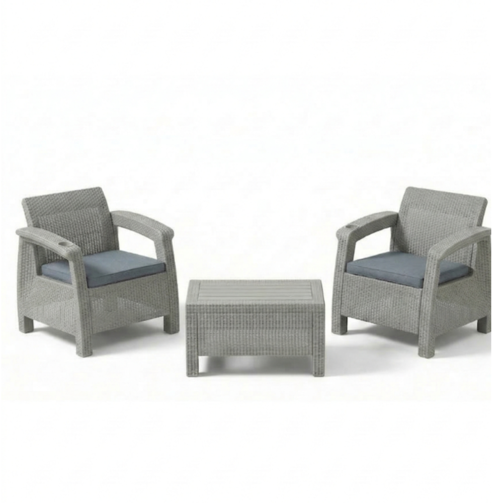 2-Seater Outdoor Sofa Set – Including Seat Cushions & Coffee Table, Weather-Resistant Patio & Balcony Furniture with Built-In Cup Holders