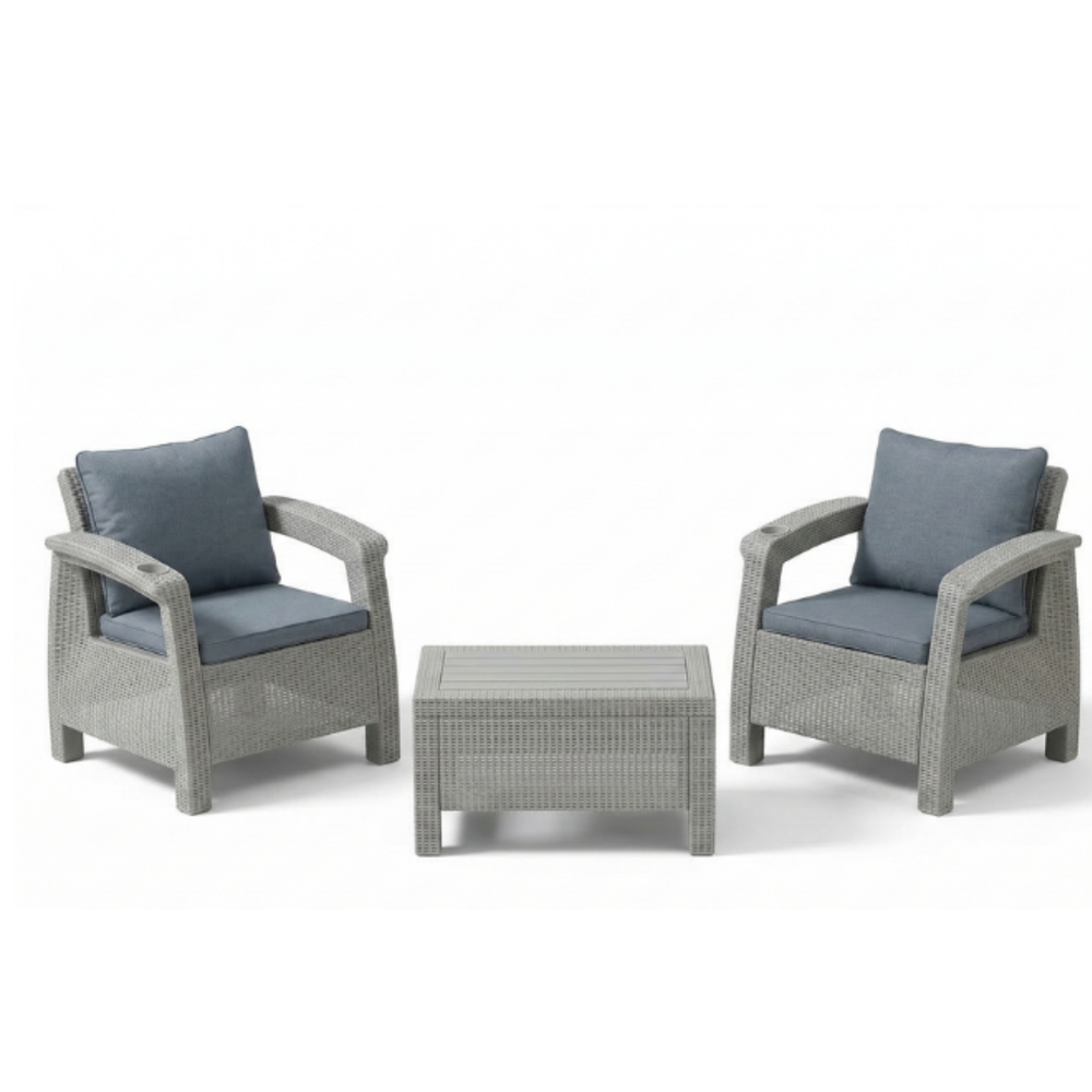 2-Seater Outdoor Sofa Set – Including Back and Seat Cushions & Coffee Table, Weather-Resistant Patio & Balcony Furniture with Built-In Cup Holders