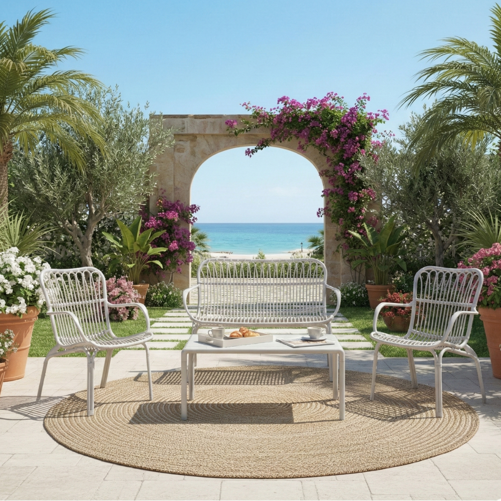 Marcolo Serena white outdoor lounge set with scenic ocean view