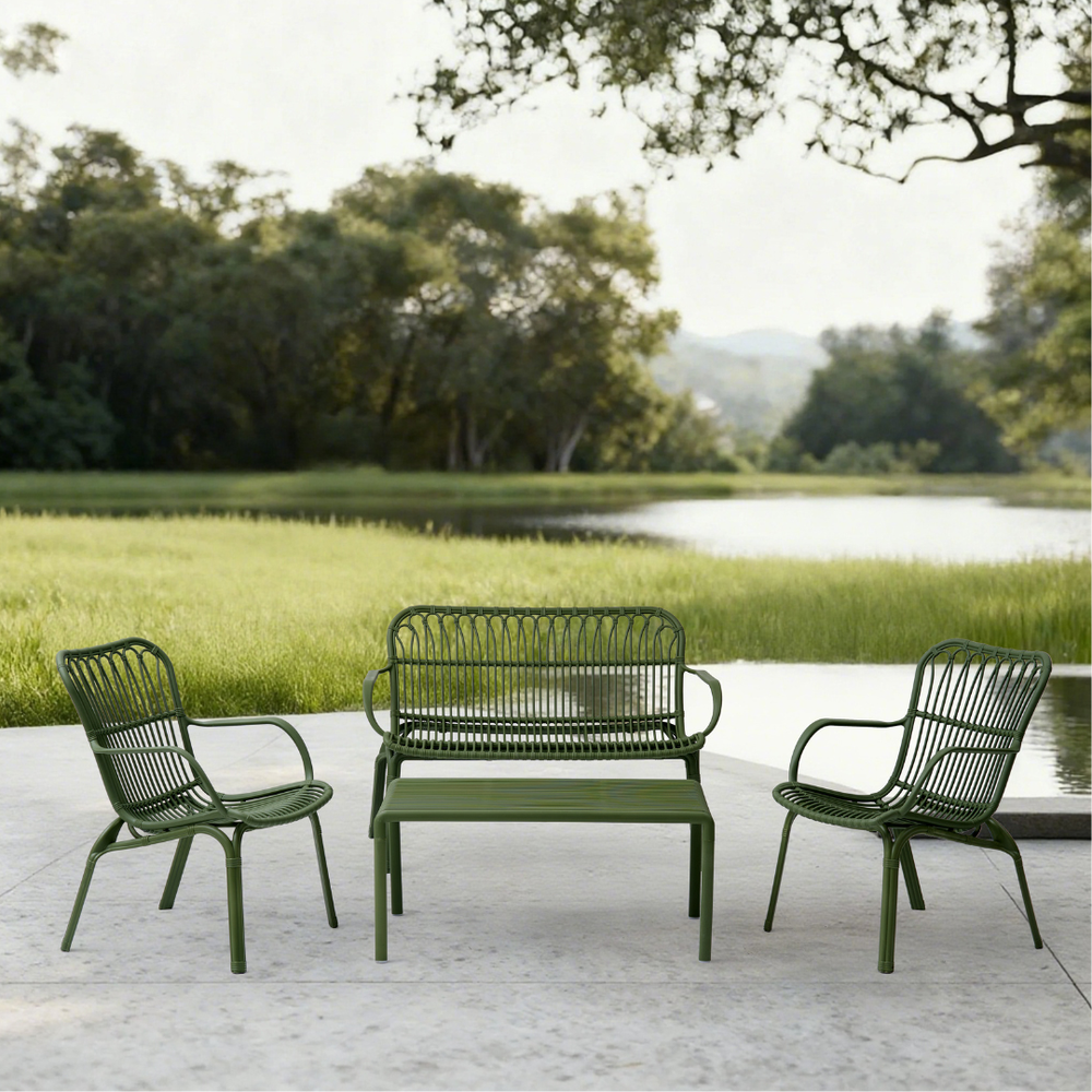 Marcolo green metal bistro set with a bench and two armchairs.