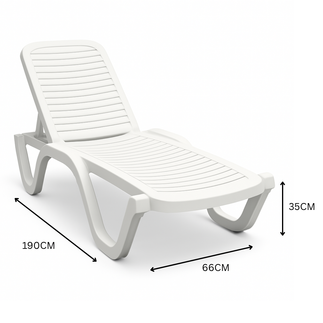 Marcolo white resin chaise lounge with dimensions labeled.