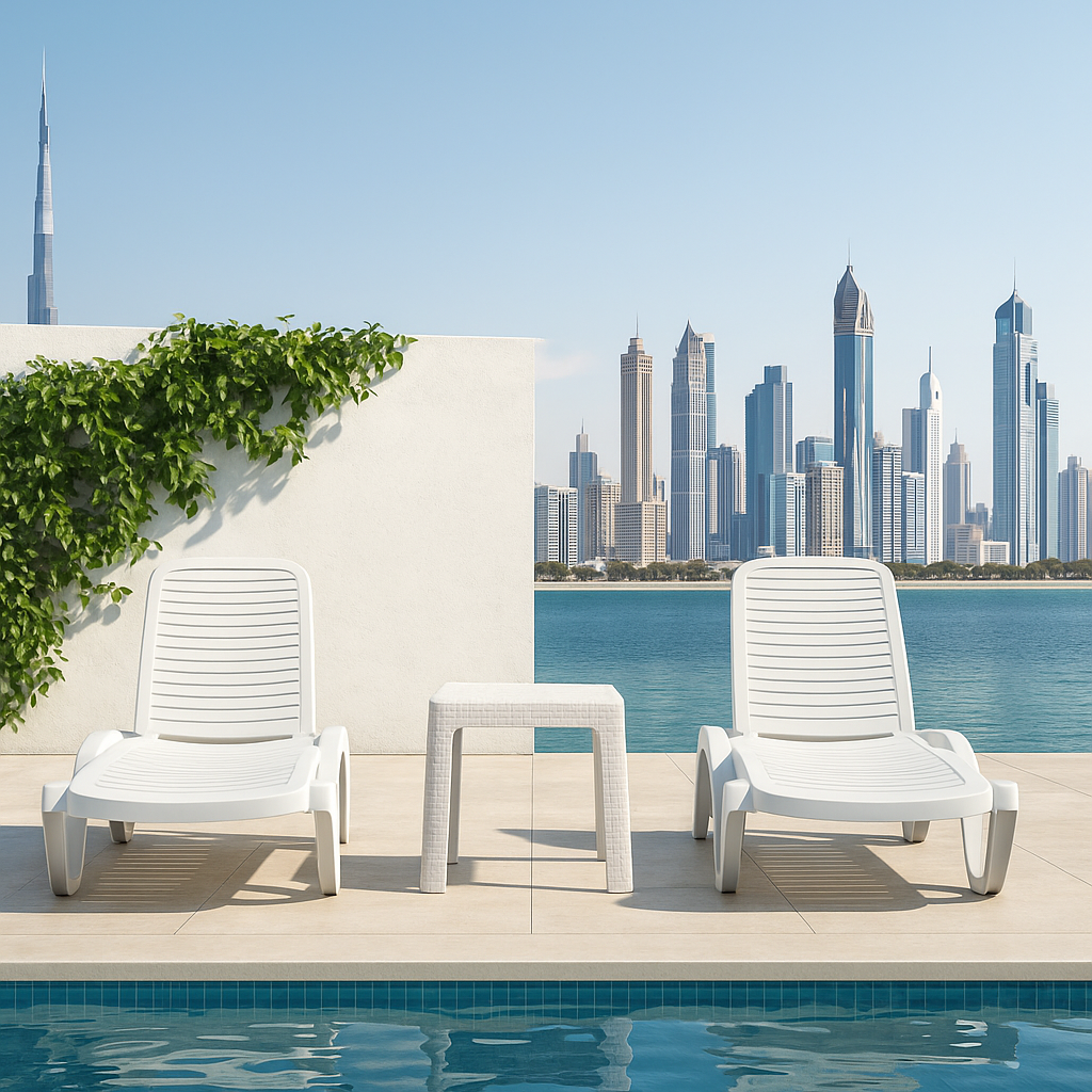 Two white Marcolo loungers/table by a pool/skyline.
