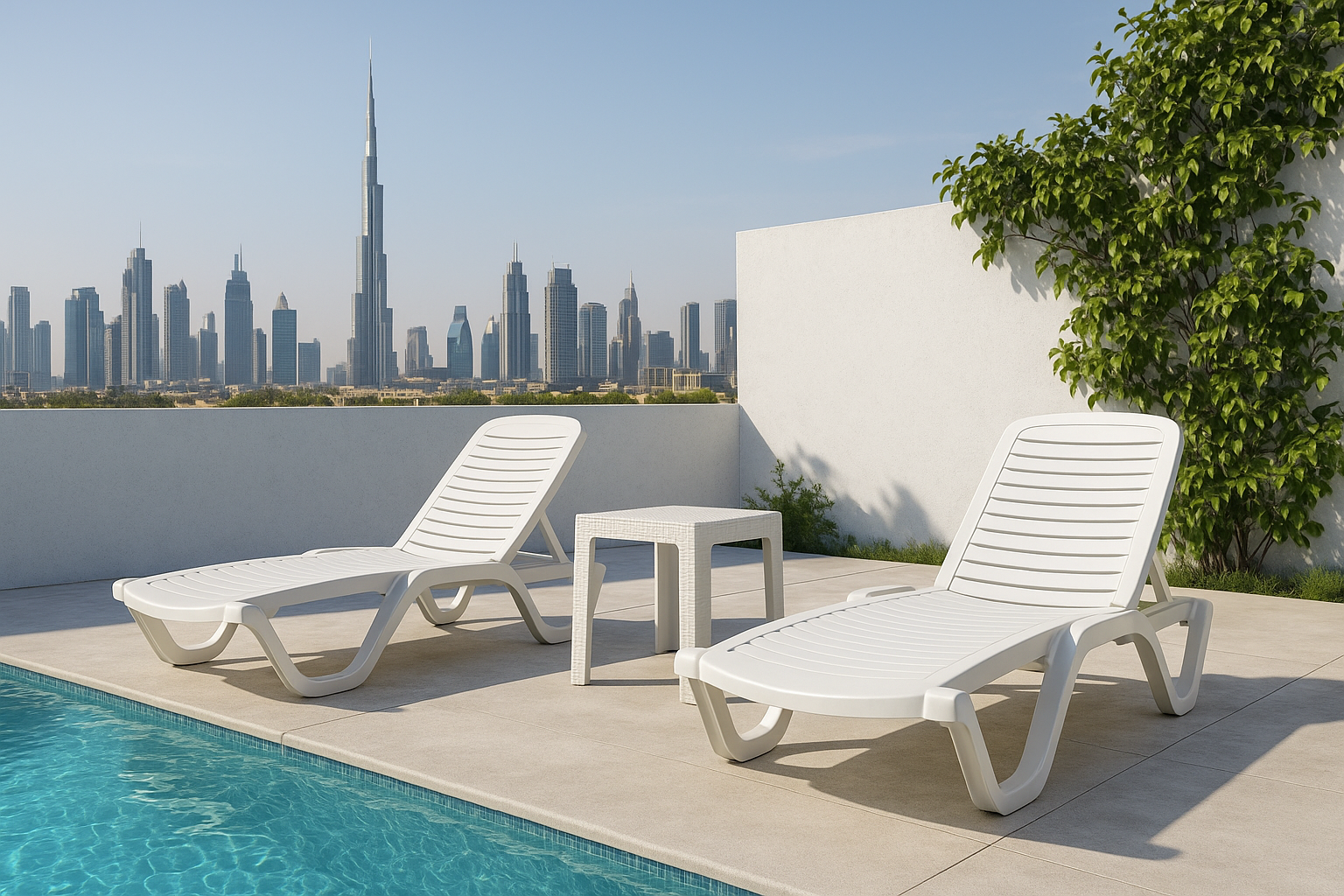 Two Marcolo white plastic loungers by a pool in Dubai.