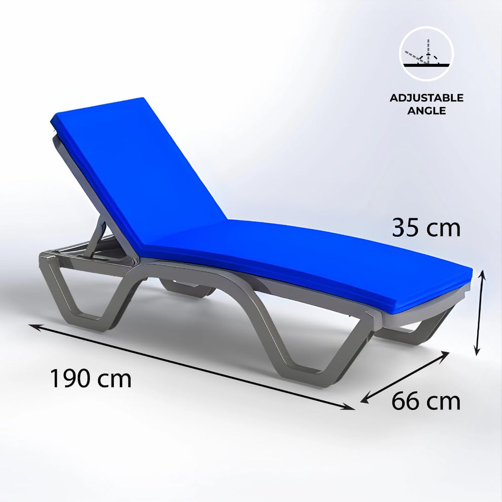 Adjustable plastic chaise lounge with blue cushion and dimensions.