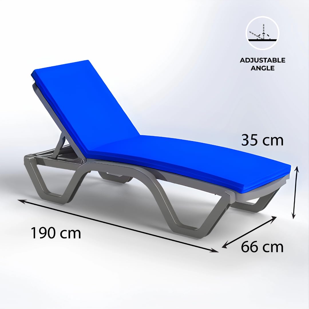 Adjustable plastic chaise lounge with blue cushion and dimensions.