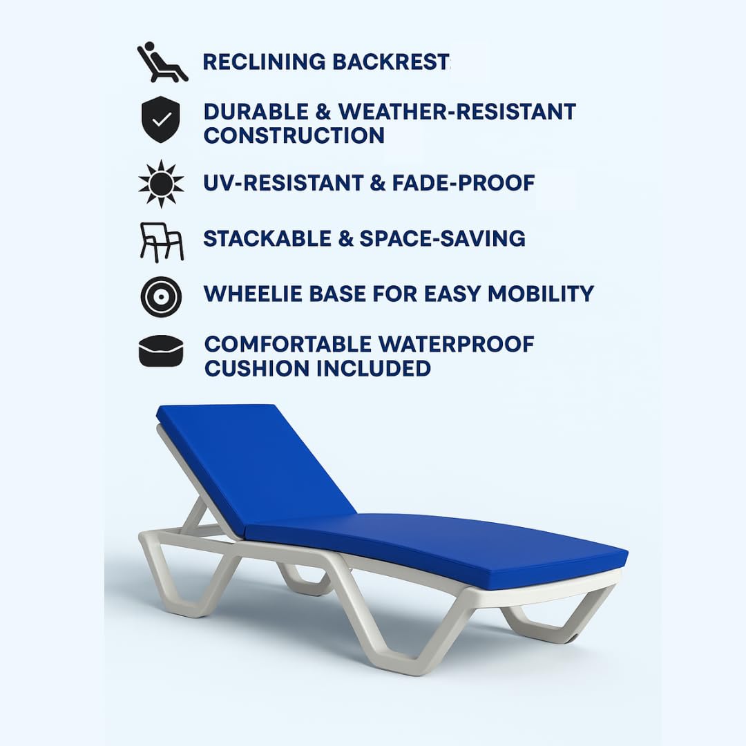 Marcolo chaise lounge with blue cushion and features.