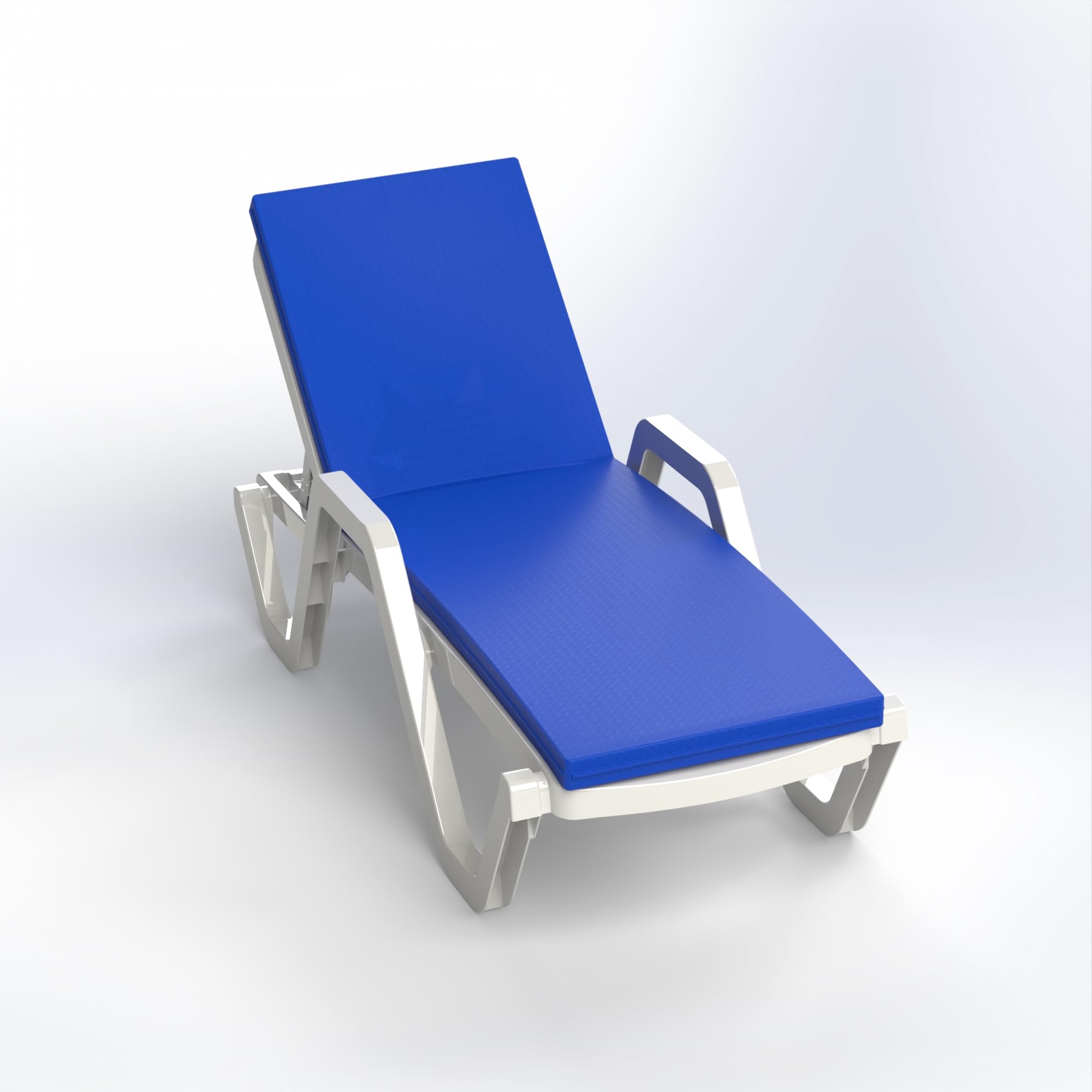 Marcolo white resin chaise lounge with a blue cushion.