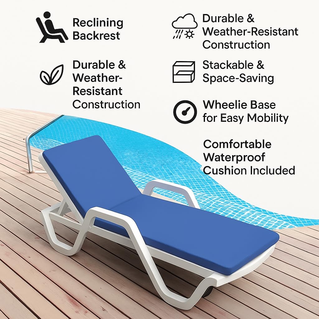 Marcolo sun lounger with blue cushion and feature icons.