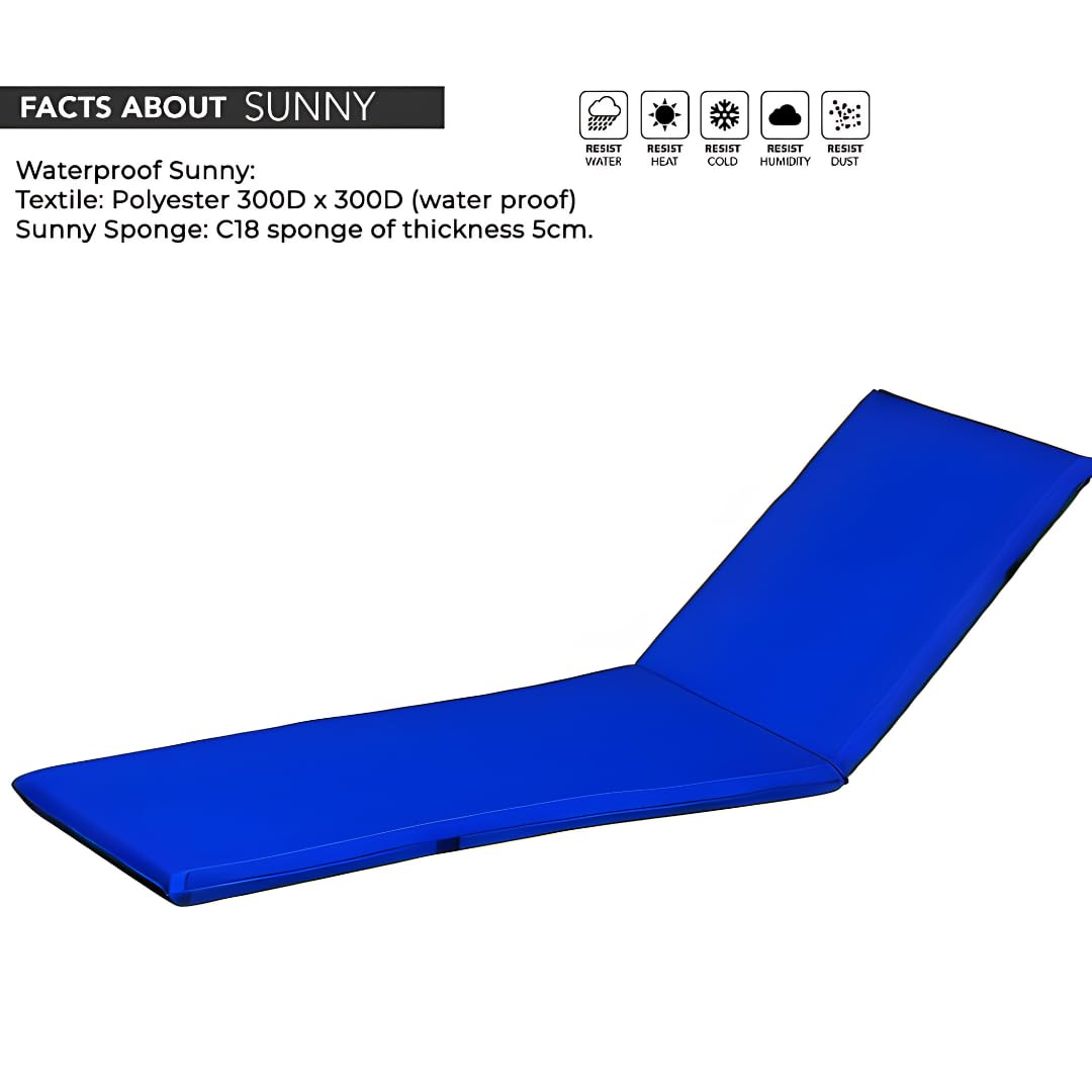 Marcolo white chaise lounge with blue cushion by a pool.