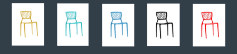 Five Marcolo plastic mesh chairs in gold, blue, teal, black, and red.