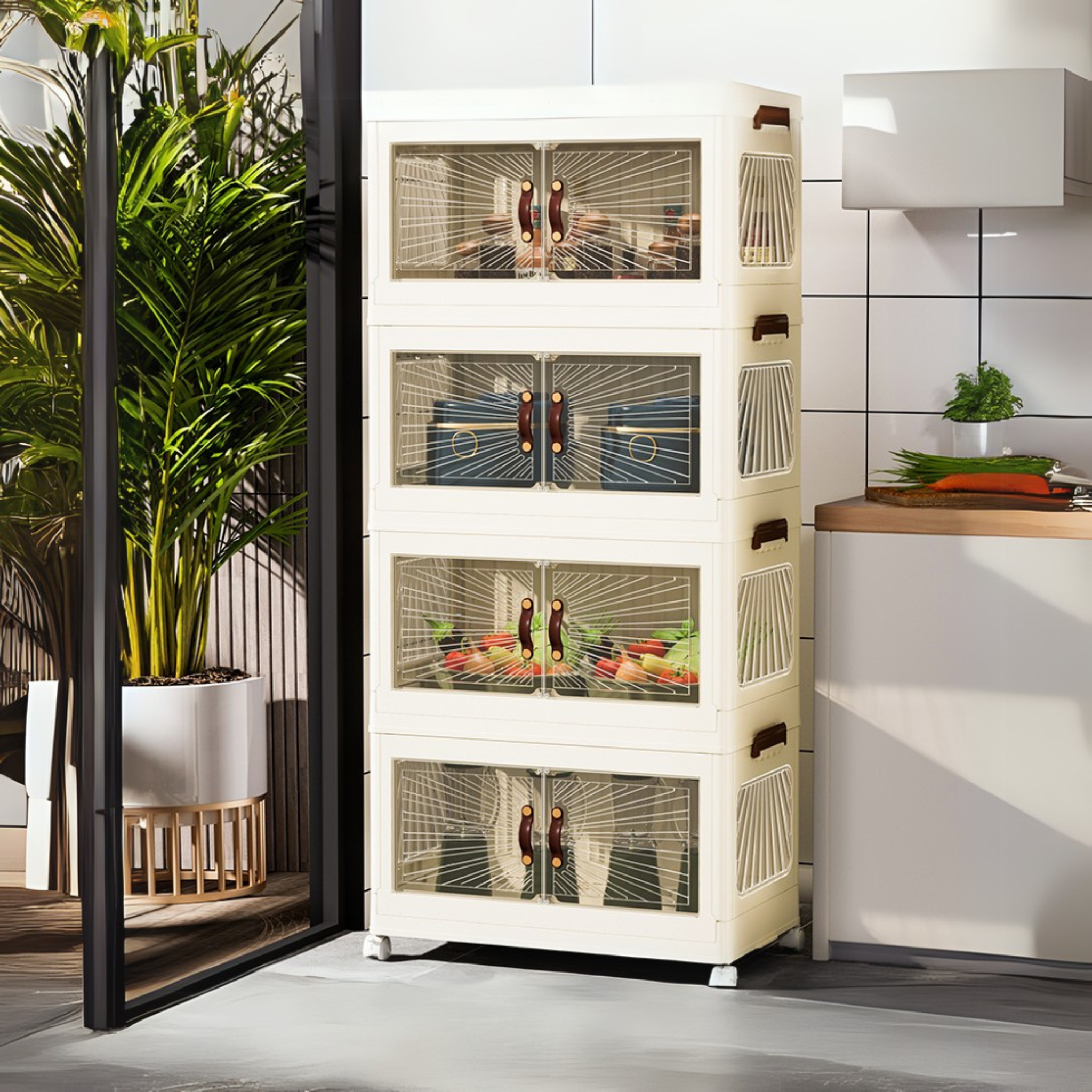 Four-tier Marcolo stackable storage cabinet in a kitchen.