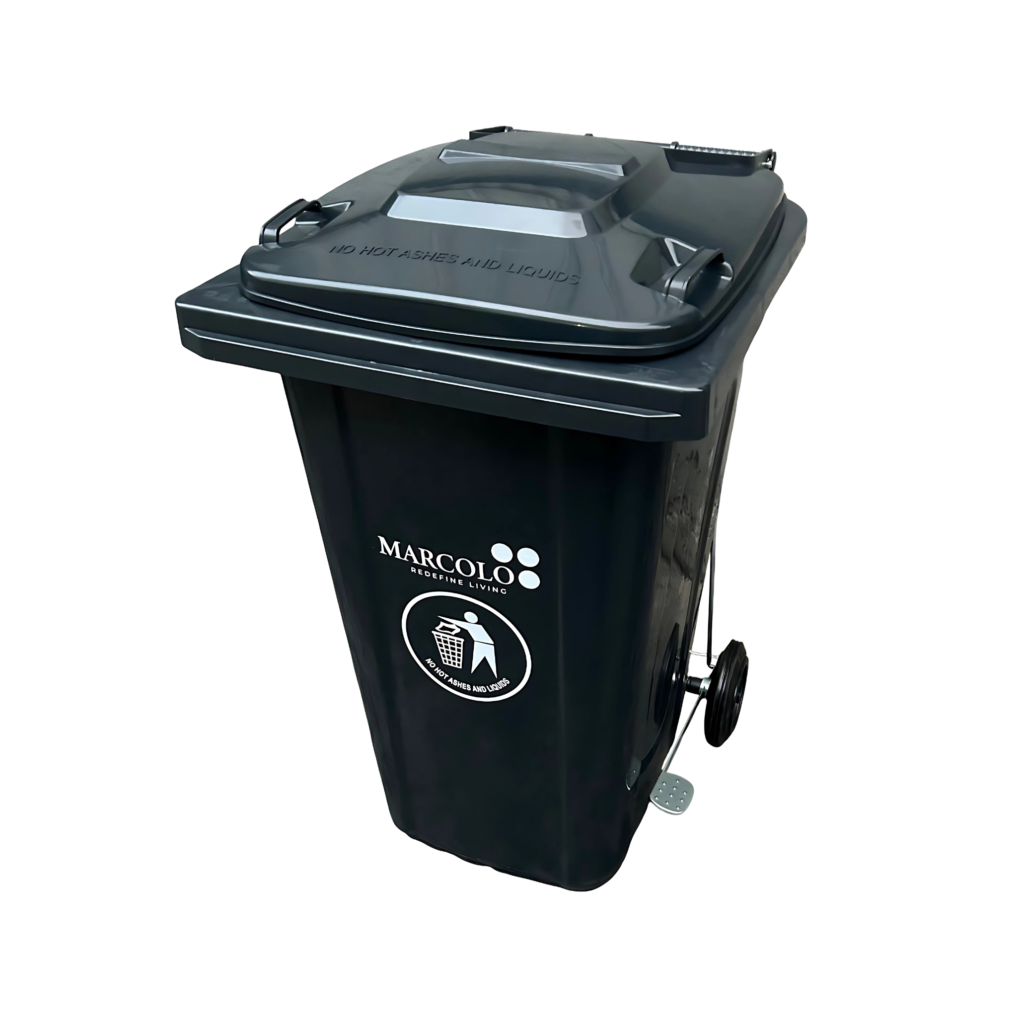 Marcolo dark grey wheeled outdoor garbage bin with lid.