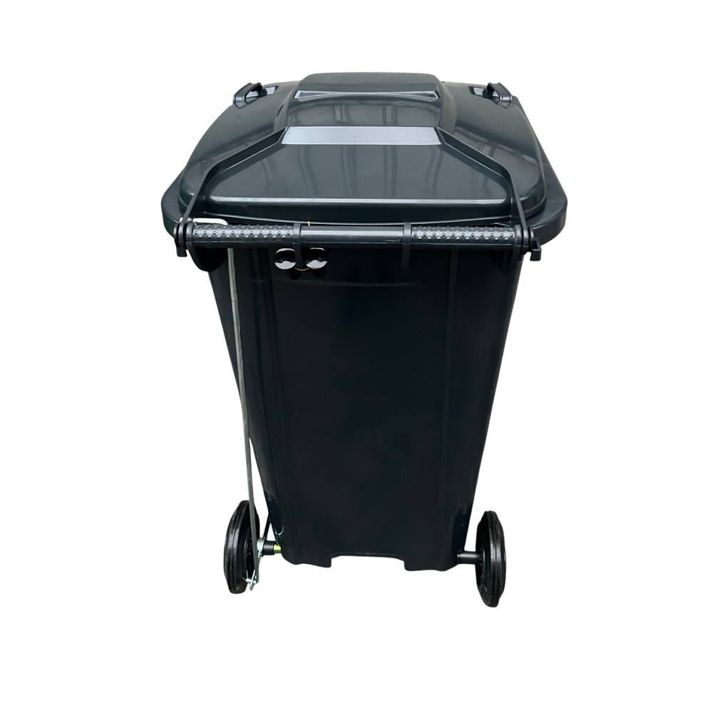 Marcolo black wheelie bin (large outdoor trash can) with lid.