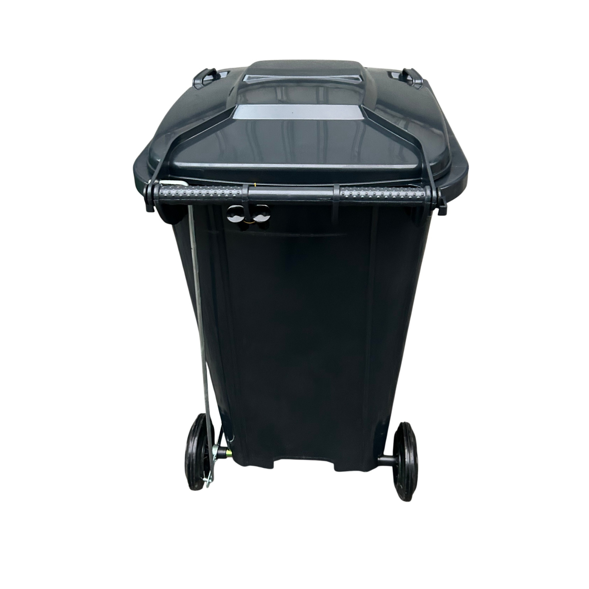 Marcolo black wheelie bin (large outdoor trash can) with lid.