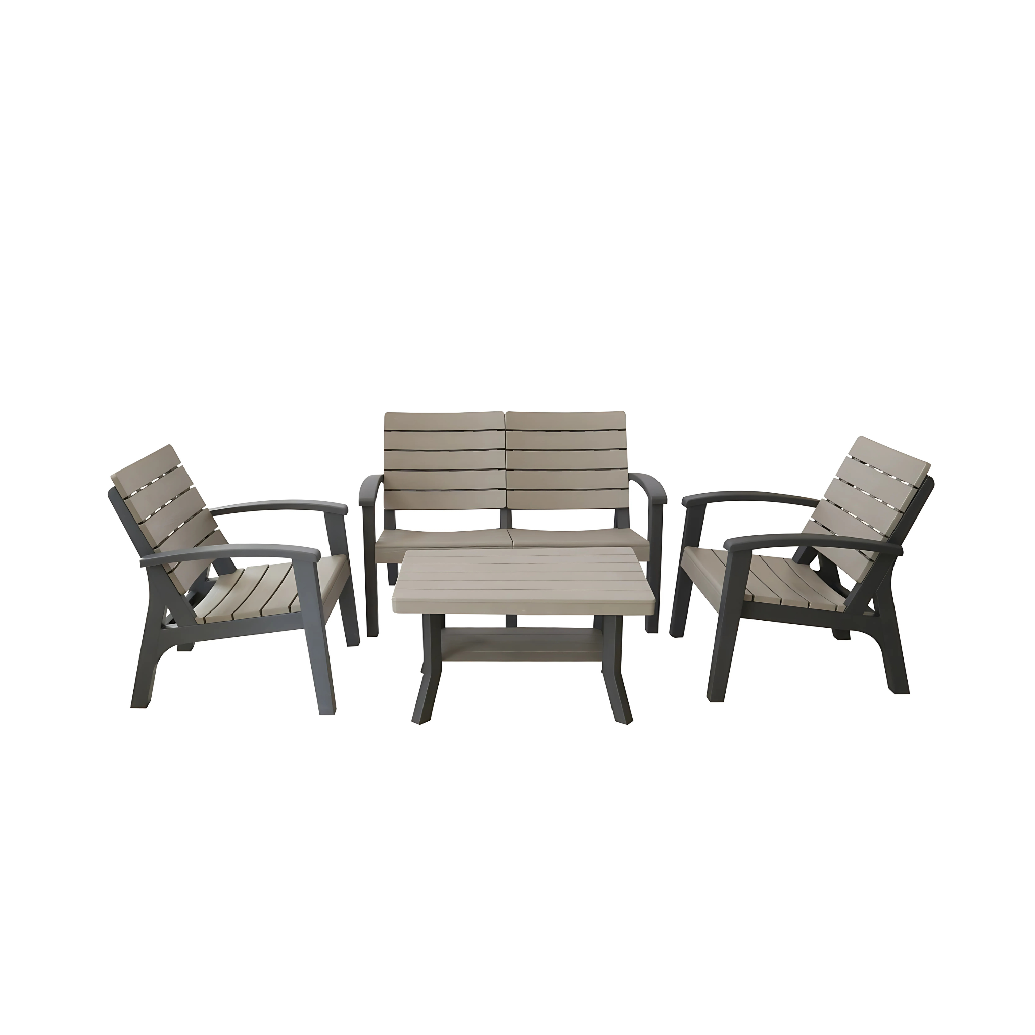 Marcolo 4-piece gray and brown slatted patio furniture set.