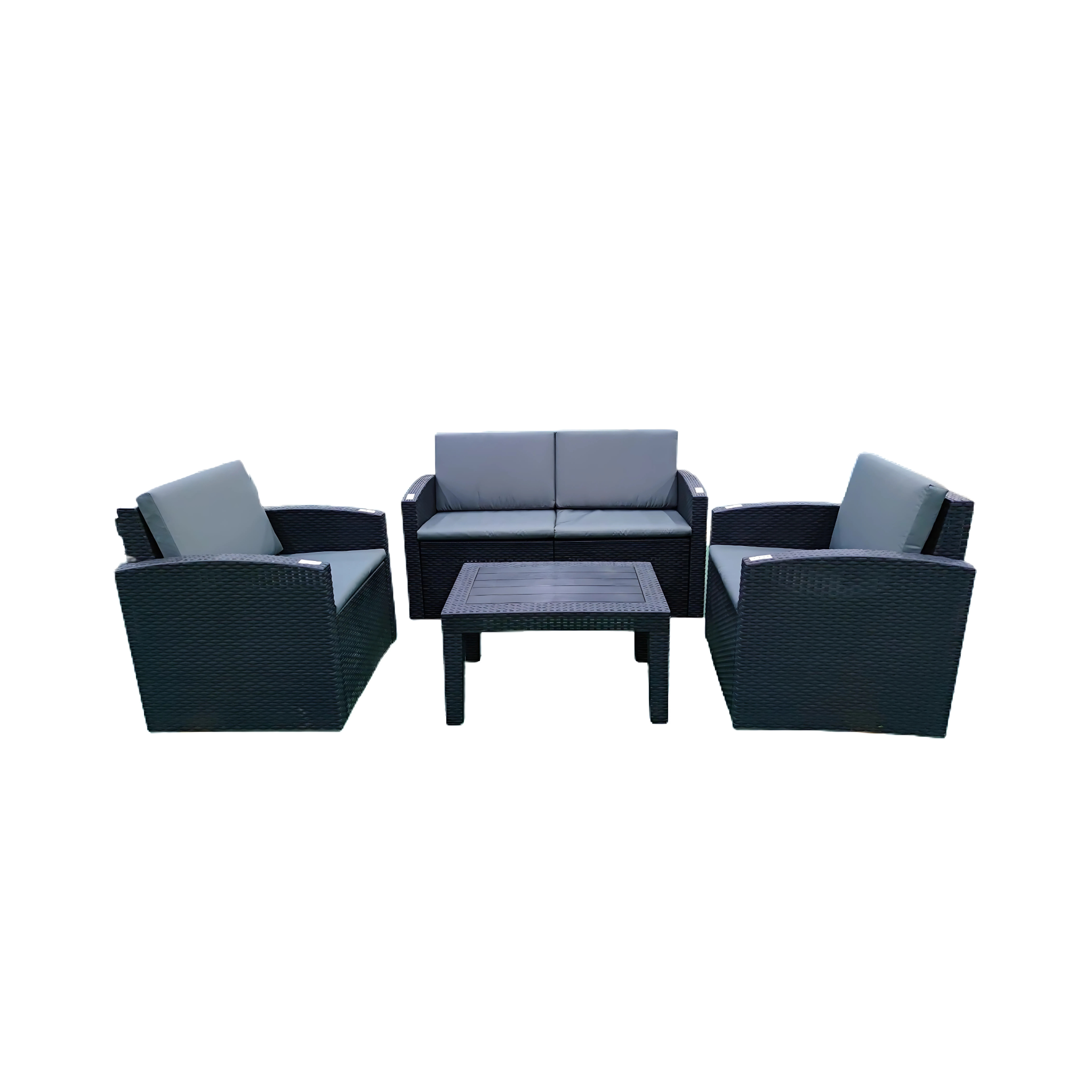 Marcolo black rattan patio set with gray cushions.