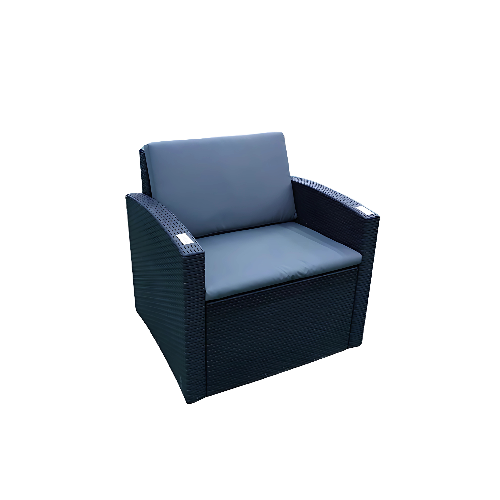 Marcolo dark rattan-style outdoor armchair with grey cushion.