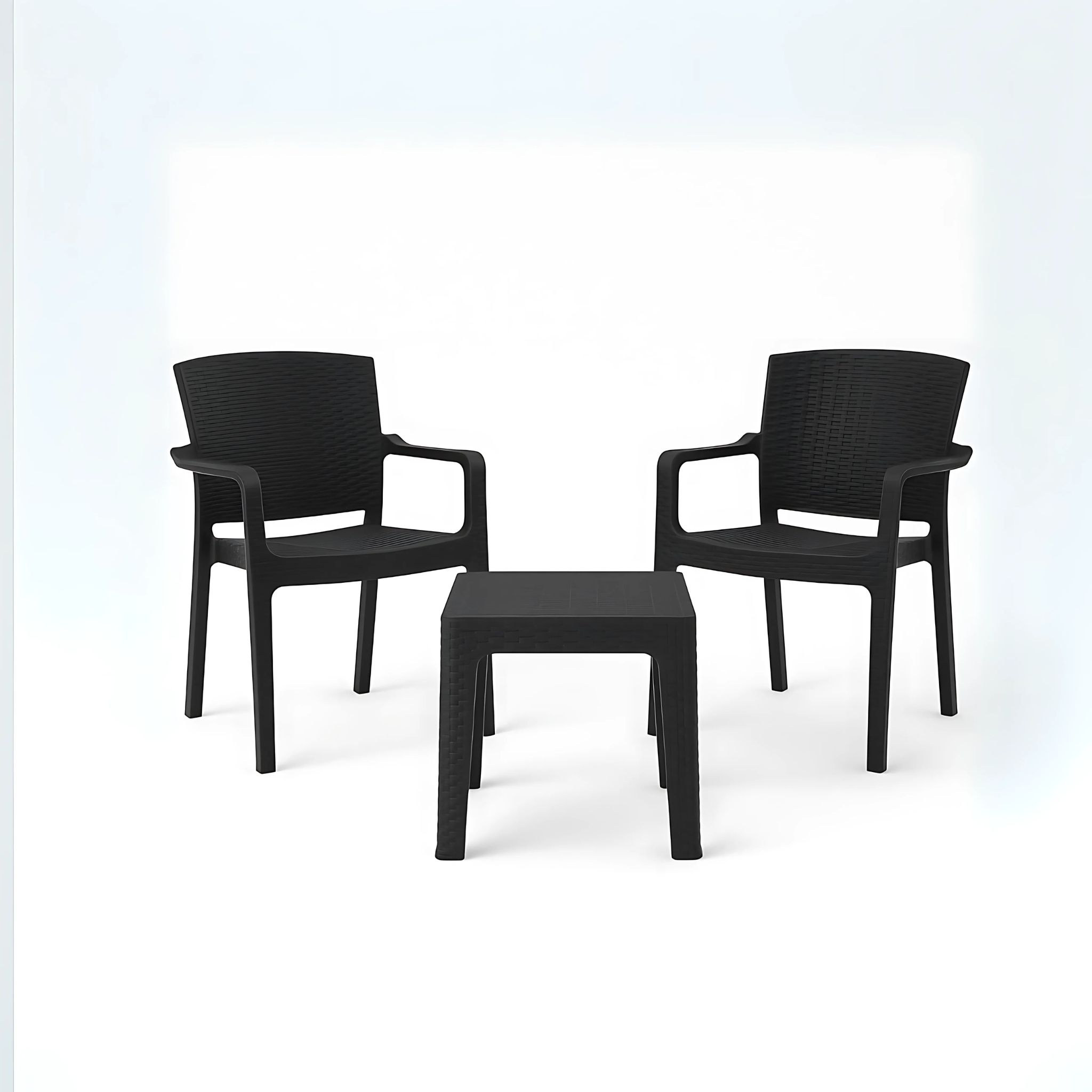 Marcolo 3-piece black patio set with two armchairs and a table.