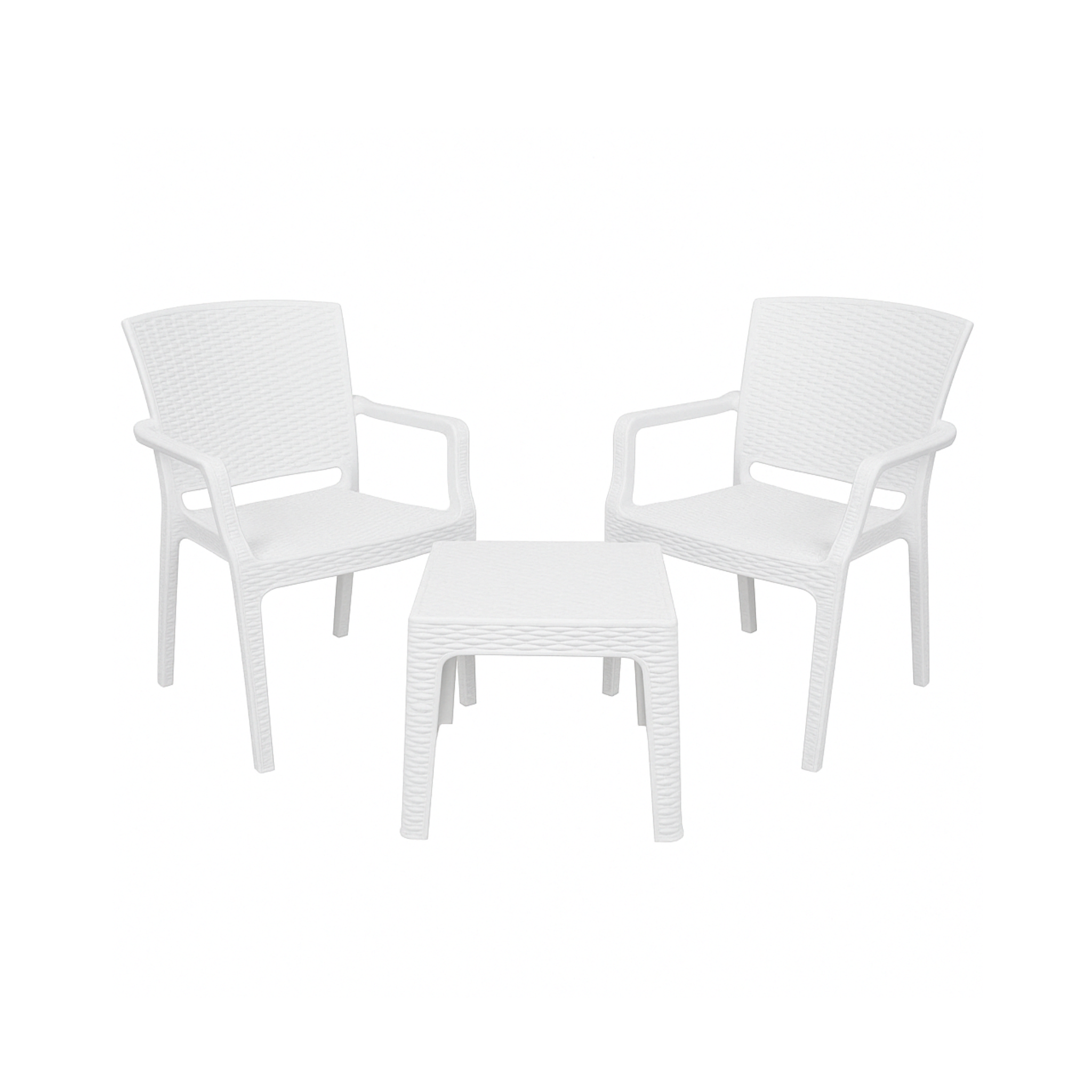 Marcolo 3-piece white plastic patio set with two armchairs.