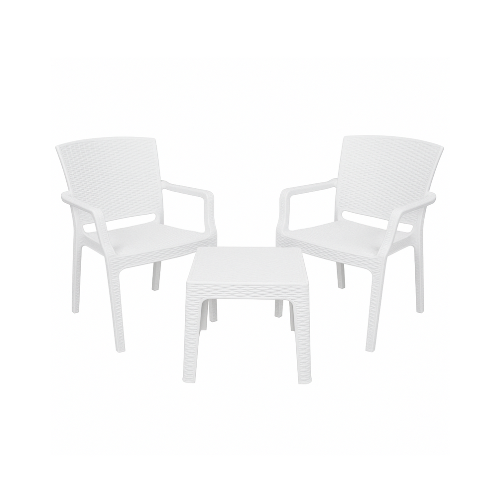 Marcolo 3-piece white plastic patio set with two armchairs.