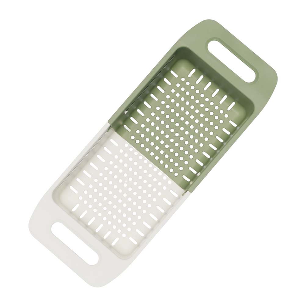 Marcolo retractable over-the-sink colander in sage and white.