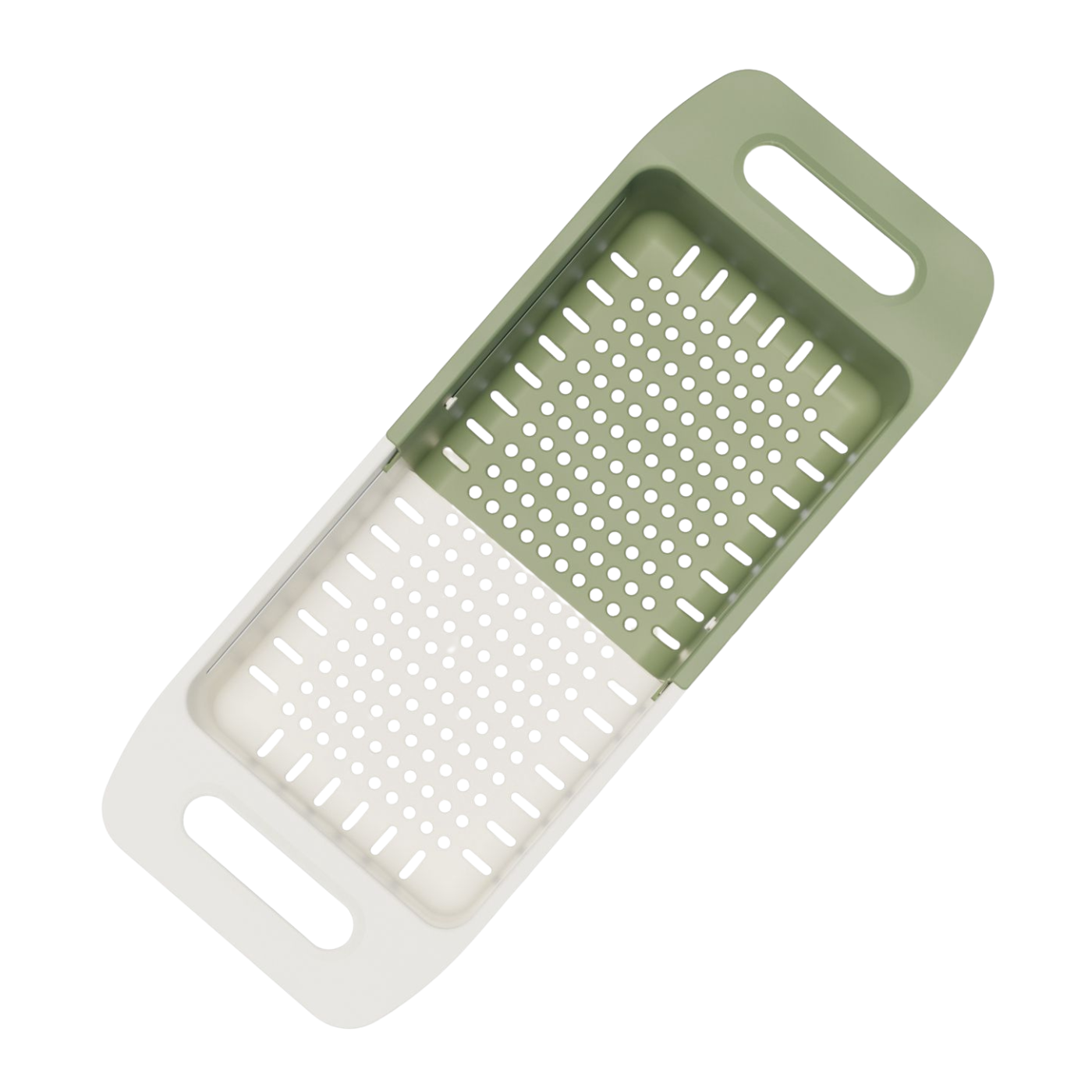 Marcolo retractable over-the-sink colander in sage and white.