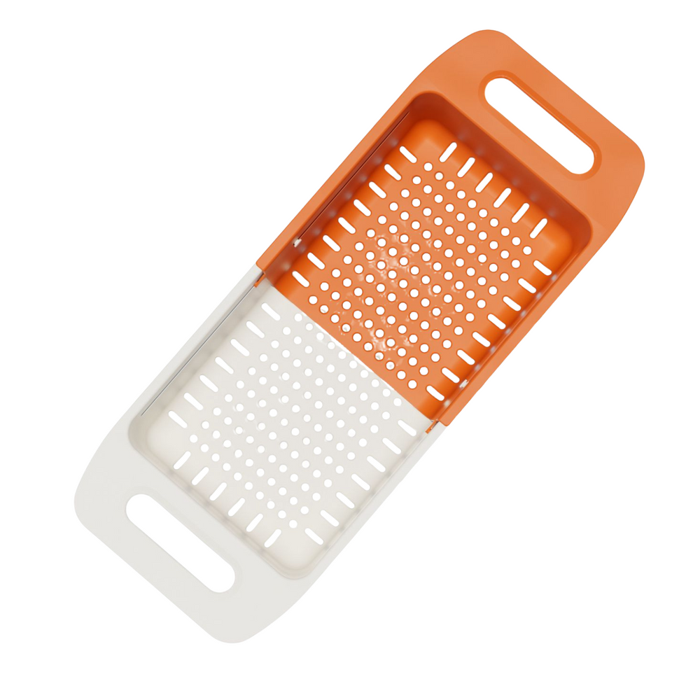 A rectangular, two-tone Marcolo adjustable colander.